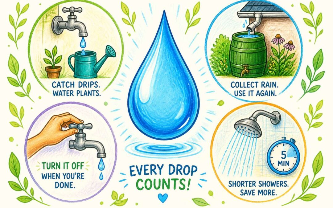 Water saving tips drawing to lower your water bill.