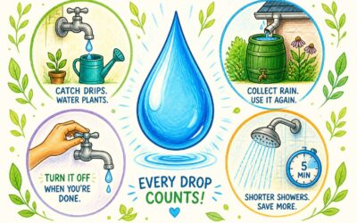 Water saving tips drawing to lower your water bill.