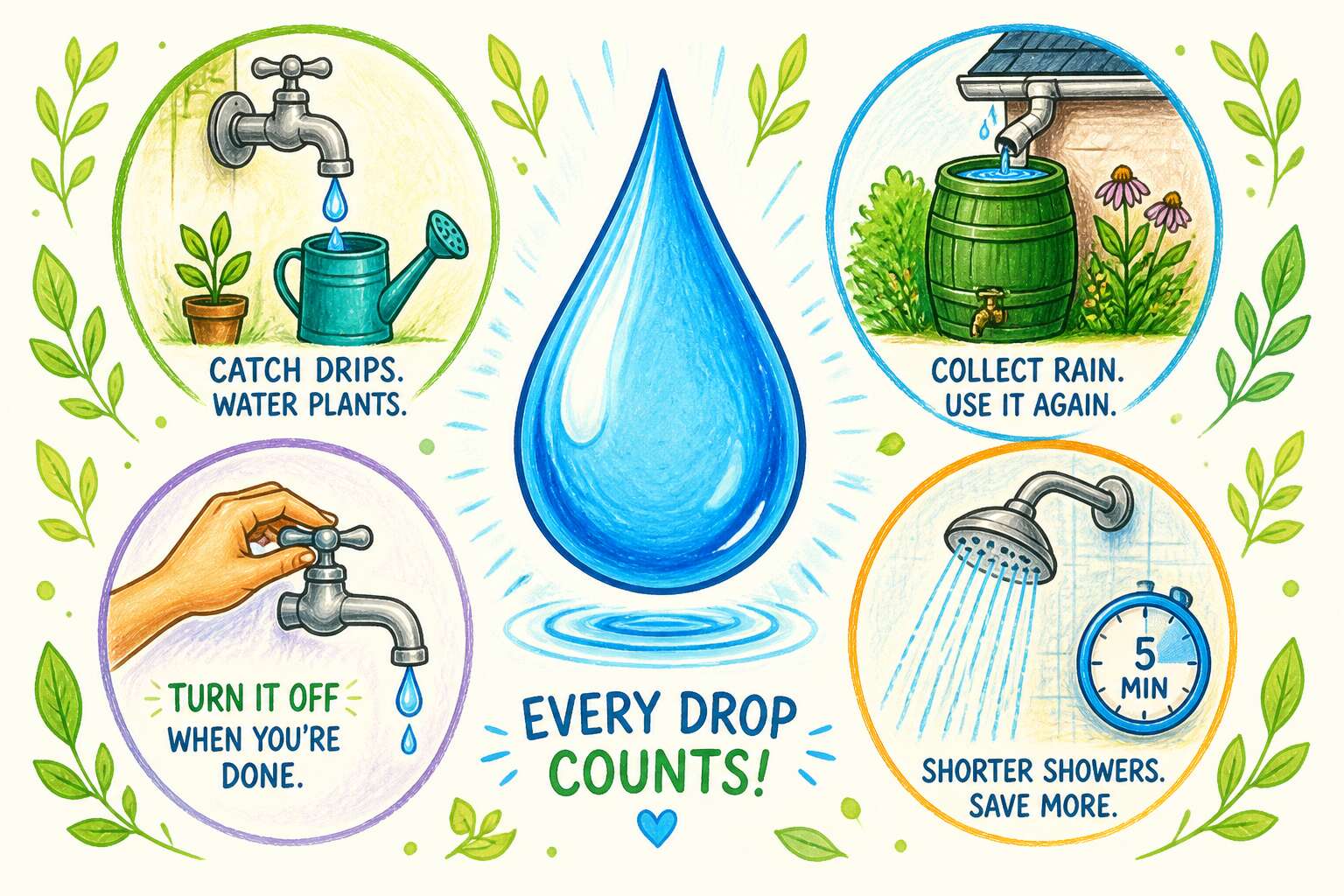 water saving tips drawing